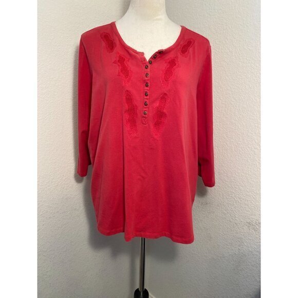Women's Charter Club‎ Red 3/4 Sleeve Pullover Blouse Button V Neck Line Size 2X - Picture 1 of 15